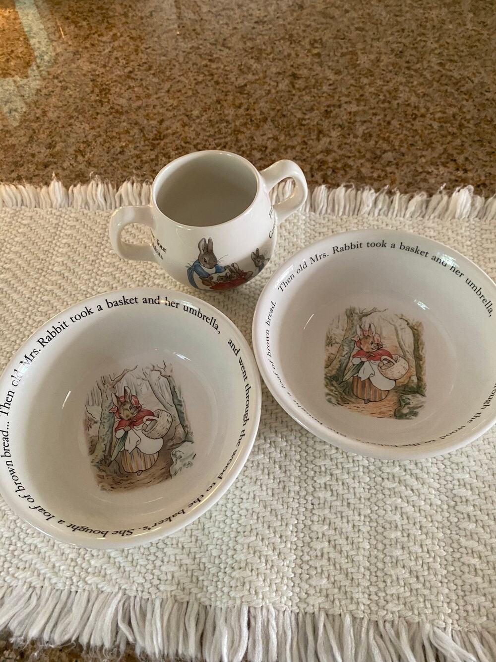 Vintage Wedgwood Beatrix Potter Mrs Rabbit Peter Rabbit Bowls and Cup